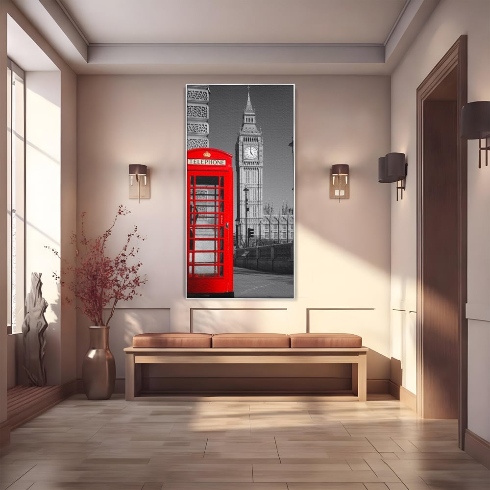 Tablou canvas cu tablou canvas cu cabina rosie si big ben, in rama de aluminiu argintiu